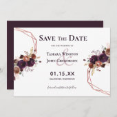 Save The Date Élégant Rose violet or Floral Mariage géométrique (Devant / Derrière)