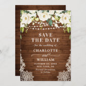 Save The Date Elégant Roses Blanches Dentelle Bois Rustique Mari (Devant / Derrière)