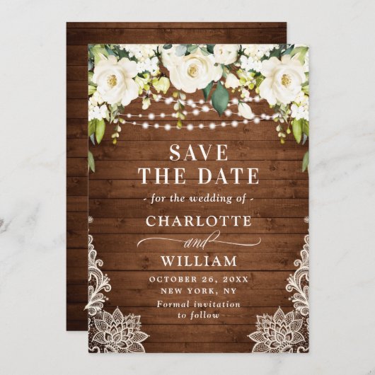 Save The Date Elégant Roses Blanches Dentelle Bois Rustique Mari (Devant / Derrière)