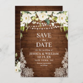 Save The Date Elégant Roses Blanches Dentelle Mariage en bois ru (Devant / Derrière)