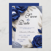 Save The Date Elégant Roses bleu marine et Mariage Parties scint (Devant / Derrière)