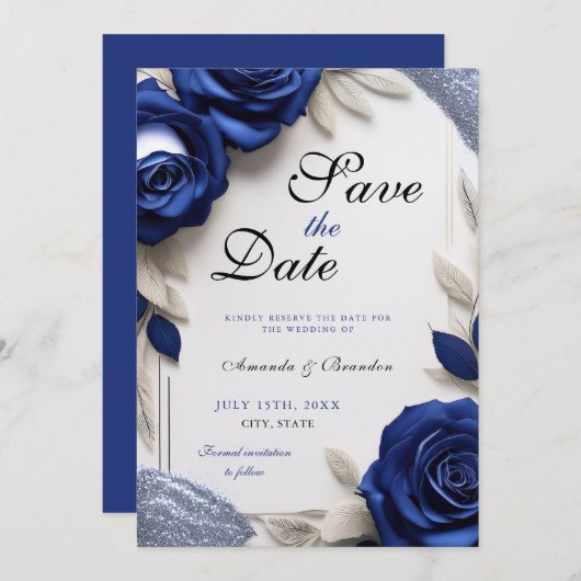 Save The Date Elégant Roses bleu marine et Mariage Parties scint (Devant / Derrière)