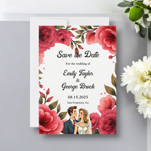 Save The Date Élégant Roses Rouges Romantique Couple Mariage Flo