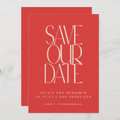 Save The Date Élégant Rouge brillant Mid-Century Typographie mod (Devant / Derrière)