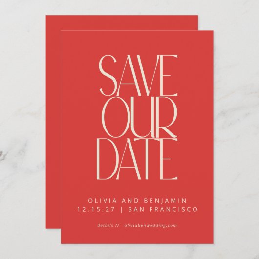 Save The Date Élégant Rouge brillant Mid-Century Typographie mod (Devant / Derrière)