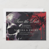 Save The Date Elégant rouge et noir crâne Rose Mariage gothique (Devant)