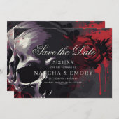 Save The Date Elégant rouge et noir crâne Rose Mariage gothique (Devant / Derrière)