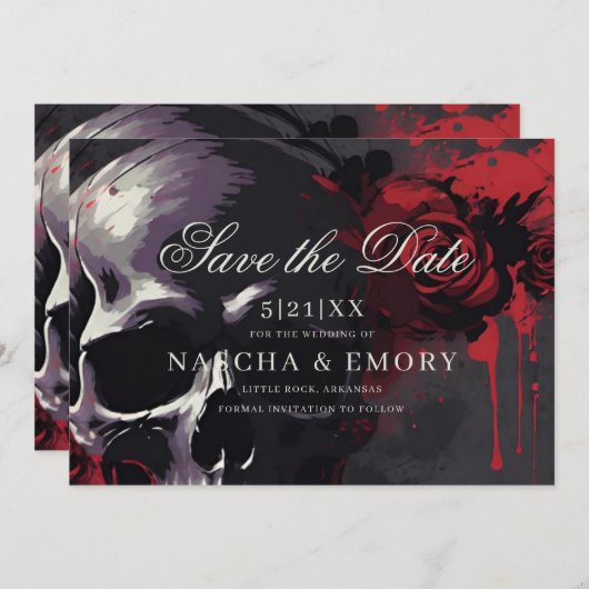 Save The Date Elégant rouge et noir crâne Rose Mariage gothique (Devant / Derrière)