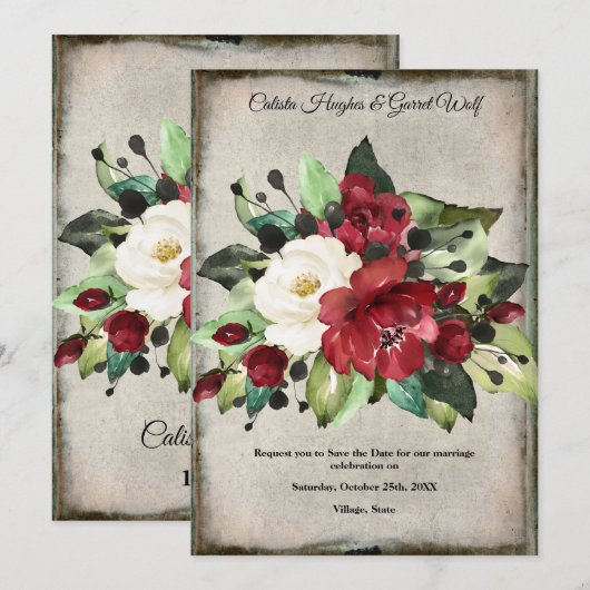 Save The Date Élégant Rouge foncé Floral Grunge Grey Goth Mariag (Devant / Derrière)