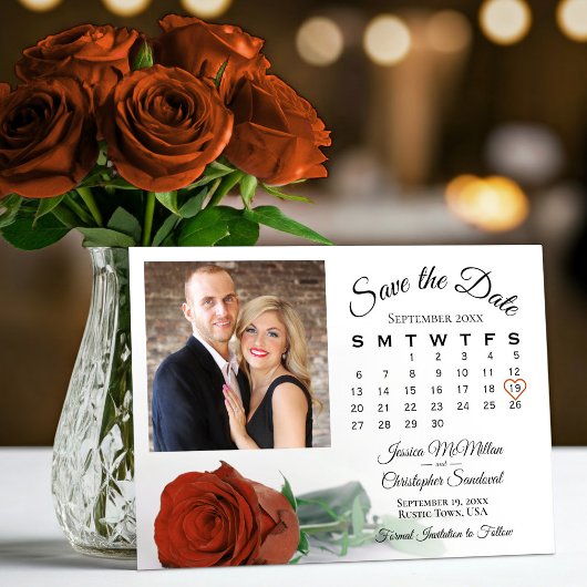 Save The Date Elégant rouille Orange Rose Calendrier et photo