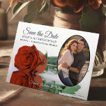Save The Date Elégant rouille Rose orange et Mariage photo ovale<br><div class="desc">Ces belles cartes sont le moyen parfait de faire savoir à vos amis et à votre famille de sauver la date pour votre prochain mariage. Elles présentent un design romantique avec un seul rose couleur rouille orangé à long tige réfléchissant dans un bassin d'eau avec des vagues et ondulant avec...</div>