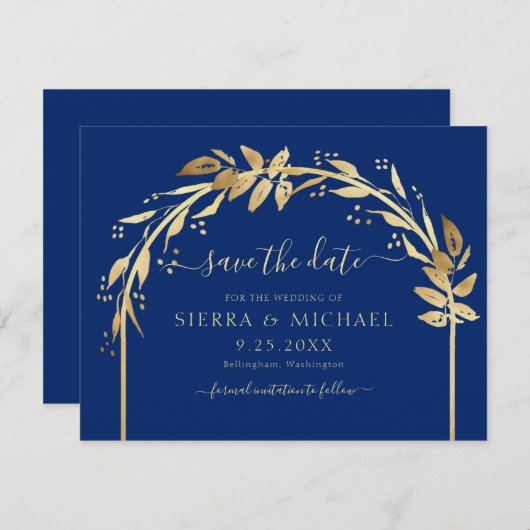 Save The Date Elégant Royal Blue et Gold Foliage Arch Mariage (Devant / Derrière)