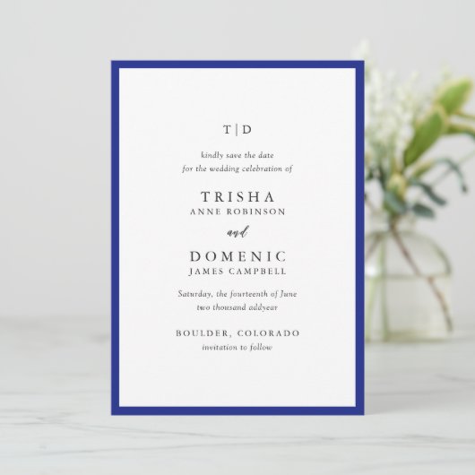 Save The Date Elégant Royal Blue Monogram Mariage moderne (Debout devant)