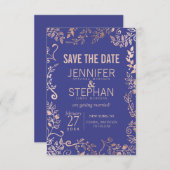 Save The Date Elégant Royal Blue Rose Gold Floral Mariage (Devant / Derrière)