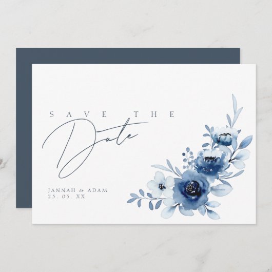 Save The Date Elégant Royal Blue Roses Floral Mariage (Devant / Derrière)
