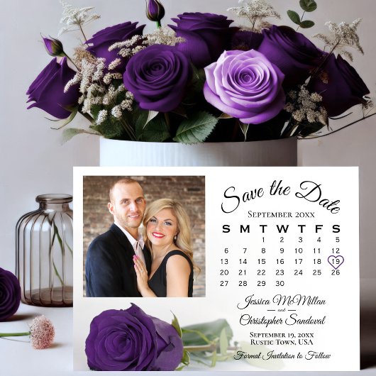 Save The Date Élégant Royal Purple Rose Mariage Calendrier & Pho