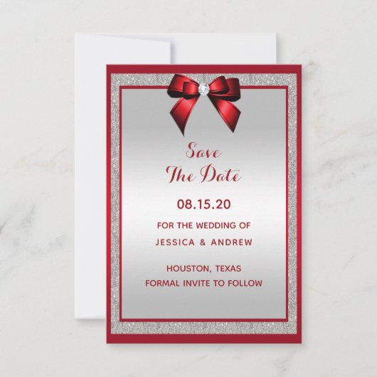 Save The Date Elégant Ruby Red & Silver Parties scintillant Mari (Devant)
