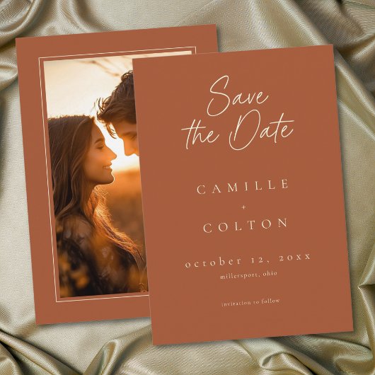 Save The Date Elegant Rust Terracotta Minimalist Wedding Photo