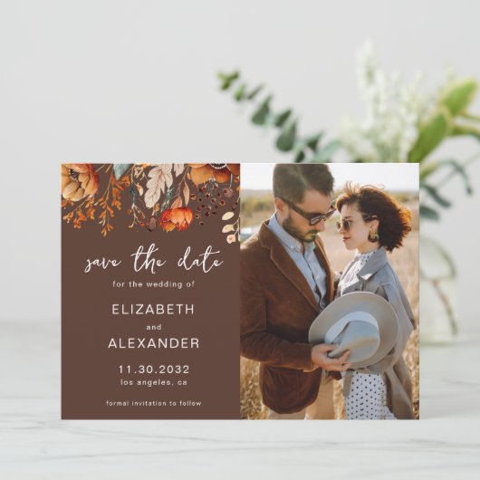 Save The Date Elégant Rustic automne floral brun mariage photo (Debout devant)