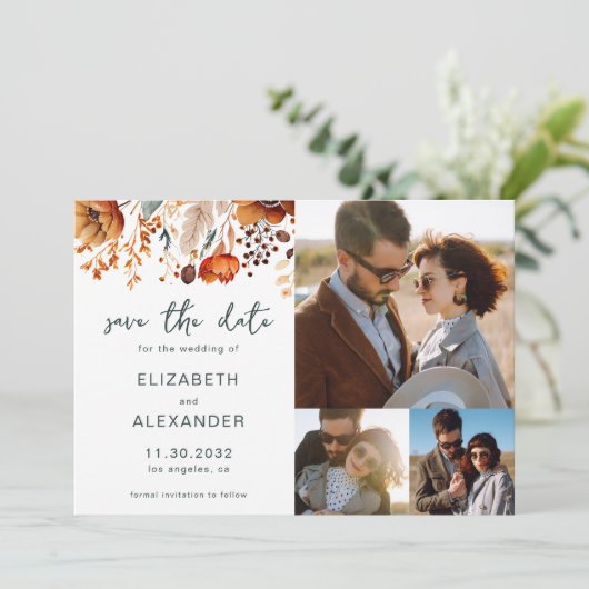Save The Date Elégant Rustique mariage floral automnal 3 photos (Debout devant)