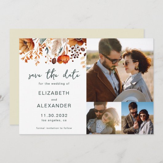 Save The Date Elégant Rustique mariage floral automnal 3 photos (Devant / Derrière)