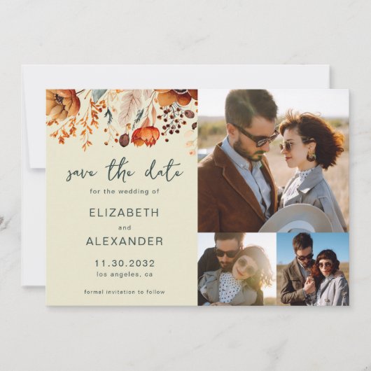 Save The Date Elégant Rustique mariage floral automnal 3 photos (Devant)