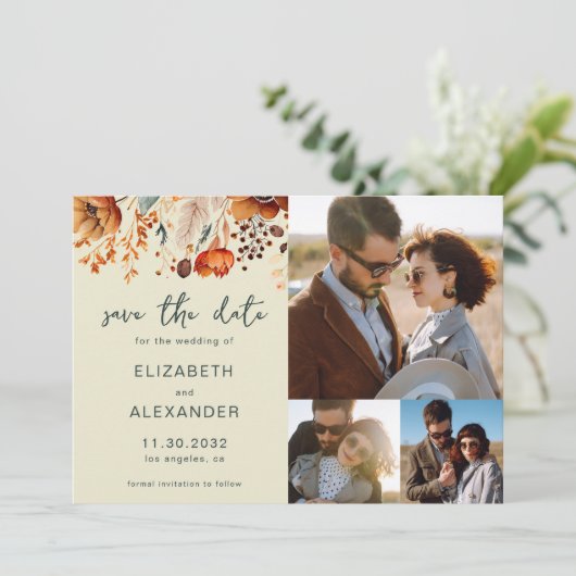 Save The Date Elégant Rustique mariage floral automnal 3 photos (Debout devant)