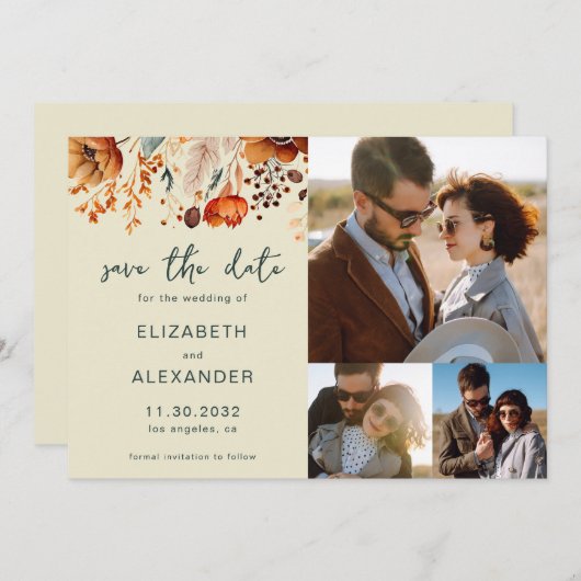 Save The Date Elégant Rustique mariage floral automnal 3 photos (Devant / Derrière)