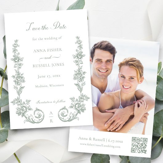 Save The Date Elegant Sage Baroque Roses Wedding
