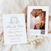Save The Date Élégant Sage Floral Crest Monogramme Photo Mariage
