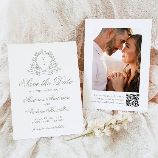Save The Date Élégant Sage Floral Crest Monogramme Photo Mariage