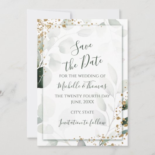 Save The Date Elégant Sage Gold Aquarelle Eucalyptus Vert (Devant)