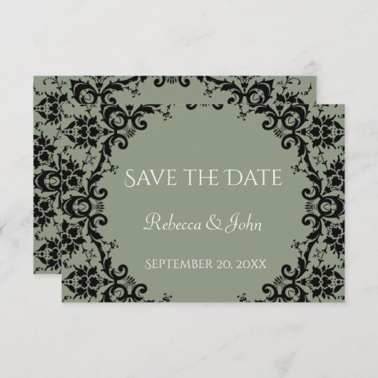 Save The Date Élégant Sage Green Damask Floral Mariage (Devant / Derrière)