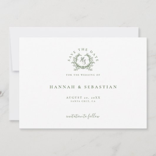 Save The Date Élégant Sage Green Monogram Crest Mariage (Devant)