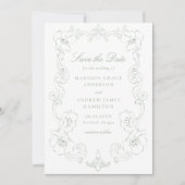 Save The Date Elegant Sage Green Ornate Floral Frame Wedding (Devant)