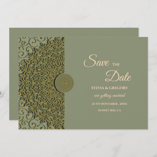 Save The Date Elégant Sage moderne vert & or classique mandala (Devant / Derrière)