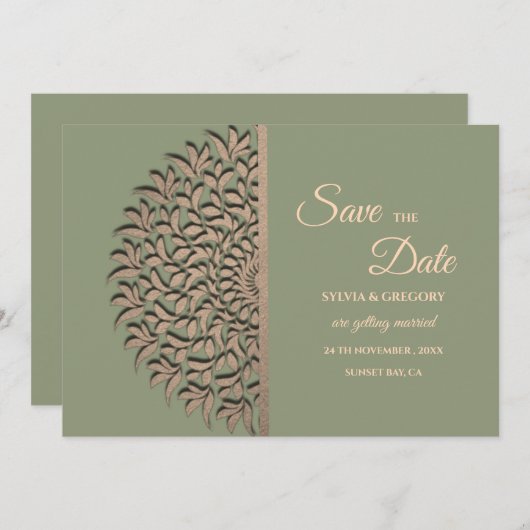 Save The Date Elégant Sage moderne vert & or classique mandala (Devant / Derrière)