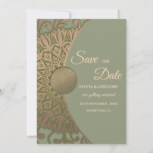 Save The Date Elégant Sage moderne vert & or classique mandala (Devant)