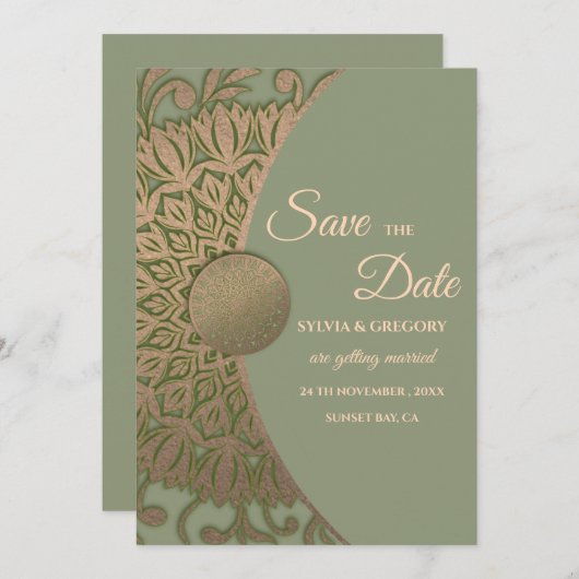 Save The Date Elégant Sage moderne vert & or classique mandala (Devant / Derrière)