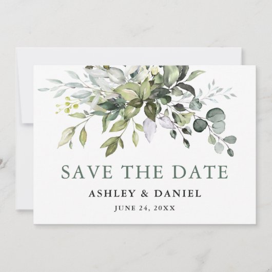 Save The Date Elégant Sage Vert Aquarelle Verdure (Devant)