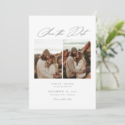 Save The Date Élégant Script 6 Mariage photo QR Code (Debout devant)