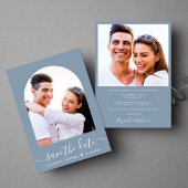 Save The Date Élégant Script Arch Photo Dusty Blue Mariage