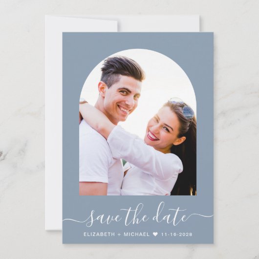 Save The Date Élégant Script Arch Photo Dusty Blue Mariage (Devant)