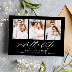 Save The Date Elegant Script Black 3 Photo Collage
