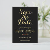 Save The Date Élégant Script Black Faux Gold Mariage Fiançailles (Debout devant)