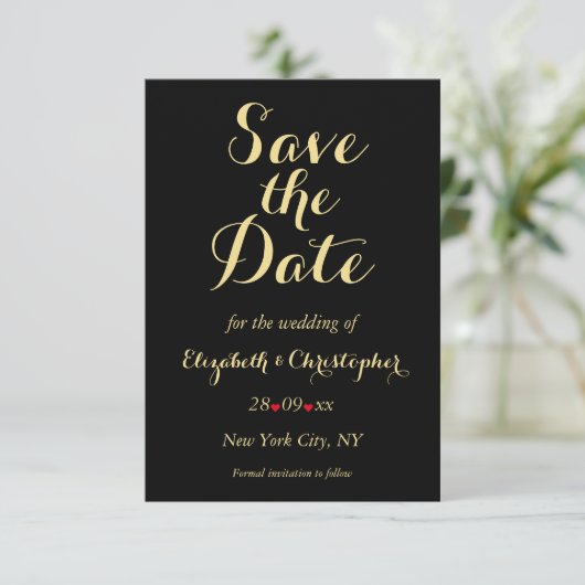Save The Date Élégant Script Black Faux Gold Mariage Fiançailles (Debout devant)
