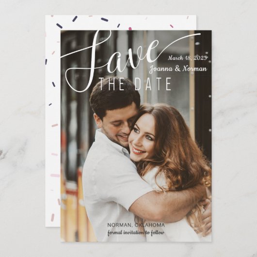 Save The Date Élégant Script Blanc Confetti Enregistrer La Date (Devant / Derrière)