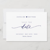 Save The Date Élégant script, blanc et marine, Mariage simple (Devant)