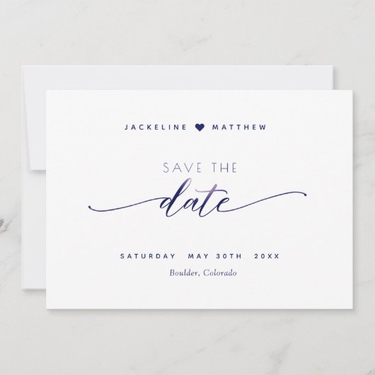 Save The Date Élégant script, blanc et marine, Mariage simple (Devant)