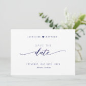 Save The Date Élégant script, blanc et marine, Mariage simple (Debout devant)